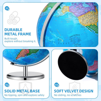BSHAPPLUS 13 inch Large Globe for Classroom & Home Learning, Political Globe with 195+ Countries, Dry Erase & Waterproof Surface, Solid Stainless Steel Base (No Assembly Required)