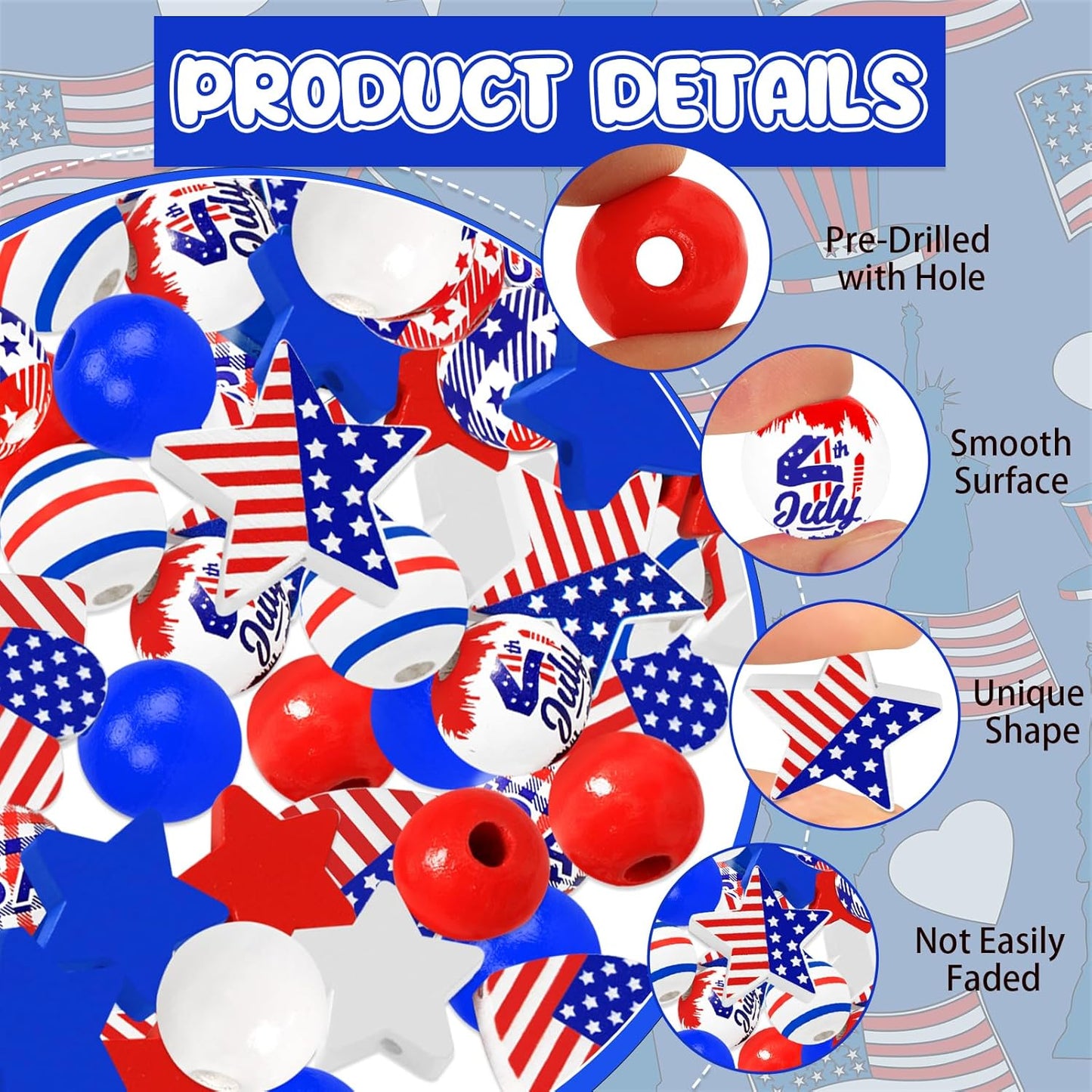 180Pcs 4th of July Wood Beads, Red Blue White Star Beads America Flag Patriotic Wooden Bead Independence Day Craft Bead Bulk for 4th of July DIY Garland Jewelry Making Home Decor
