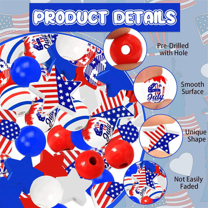 180Pcs 4th of July Wood Beads, Red Blue White Star Beads America Flag Patriotic Wooden Bead Independence Day Craft Bead Bulk for 4th of July DIY Garland Jewelry Making Home Decor