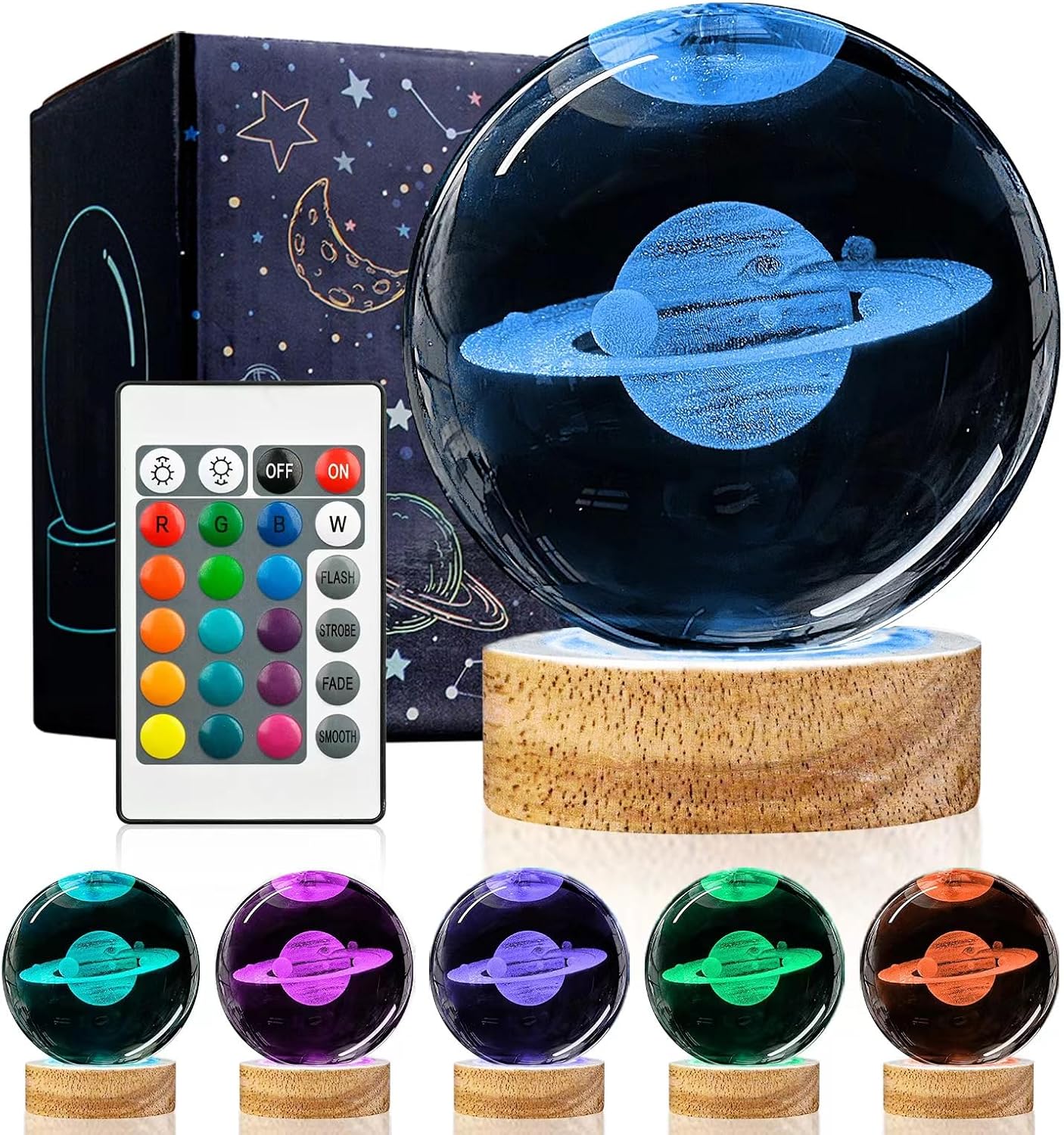 3D Solar System Crystal Ball Night Light with 16 Color LED Wooden Base, Upgraded 3.15 Inch Galaxy Planets Glass Ball Lamps with Remote for Birthday Christmas, Astronomy Space Gifts for Boys Girls