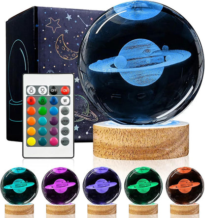 3D Solar System Crystal Ball Night Light with 16 Color LED Wooden Base, Upgraded 3.15 Inch Galaxy Planets Glass Ball Lamps with Remote for Birthday Christmas, Astronomy Space Gifts for Boys Girls