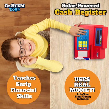 Dr. STEM Toys Solar Powered Calculator Pretend Cash Register with Play Money – 67-Piece Set for Learning Math Skills, STEM Cash Register for Kids (Gray)