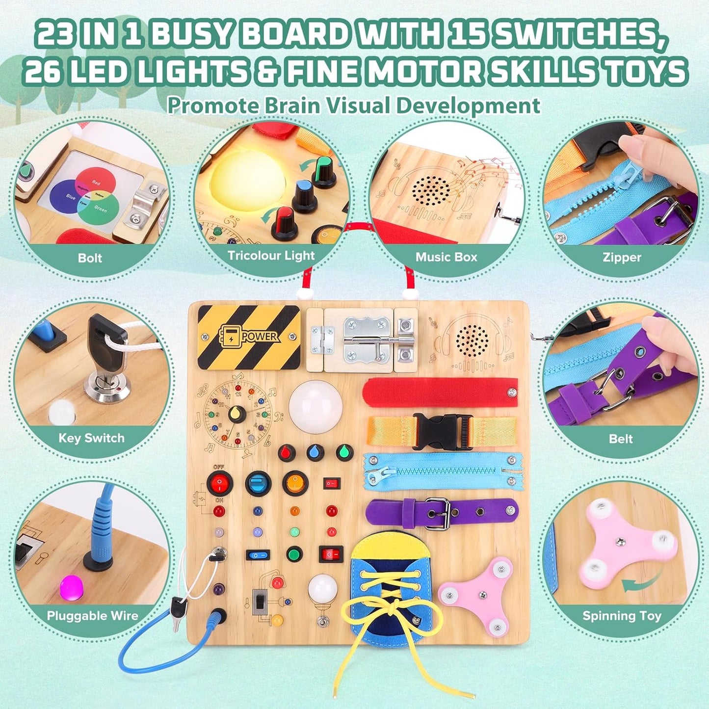 Hoarosall Montessori Wooden Busy Board with 8 LED Light switches, Sensory Toys Light Switch Travel Toys for 1+ Year Old Baby and Toddler