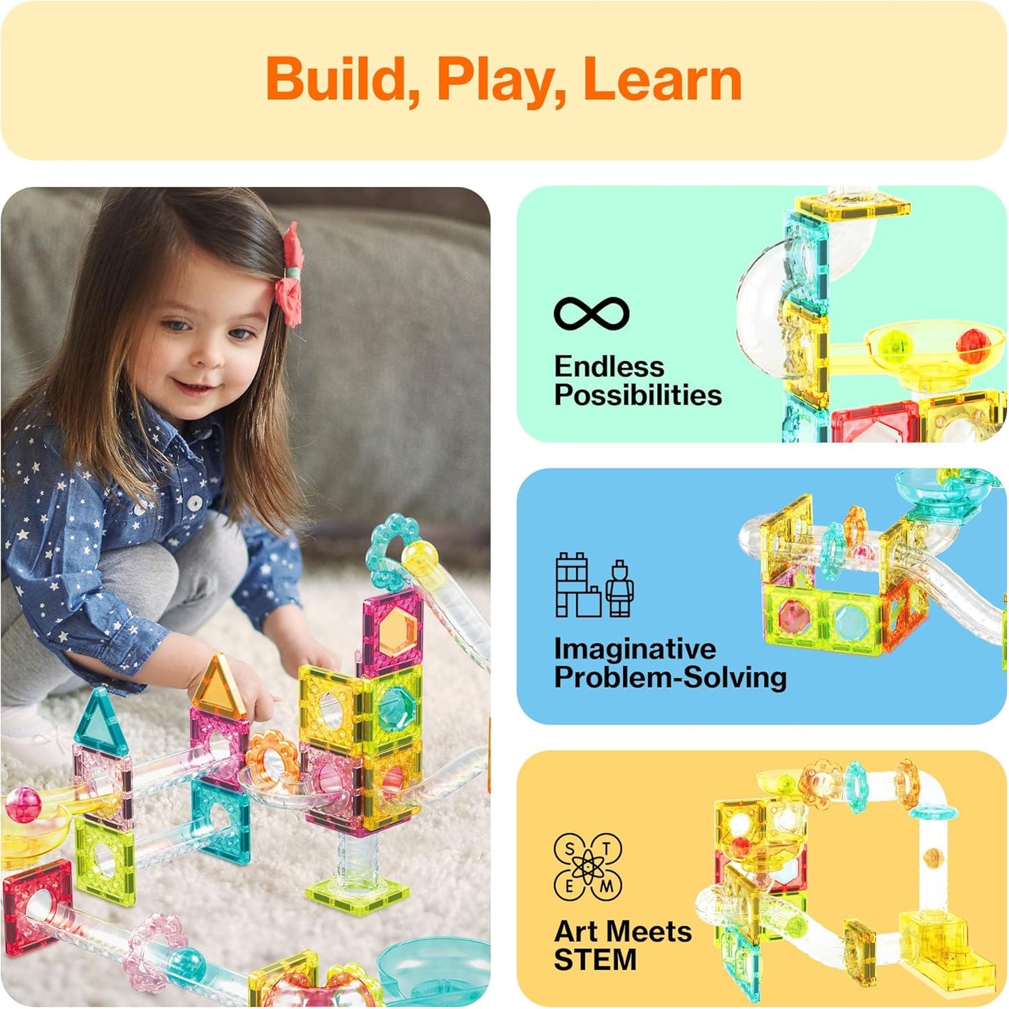 PicassoTiles Marble Run 60 Piece Race Track Magnetic Tiles Magnet Building Block Educational Construction Toy Set Playset STEM Learning Kit Child Brain Development HandEye Coordination Training PTG60