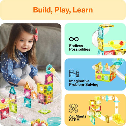 PicassoTiles Marble Run 60 Piece Race Track Magnetic Tiles Magnet Building Block Educational Construction Toy Set Playset STEM Learning Kit Child Brain Development HandEye Coordination Training PTG60