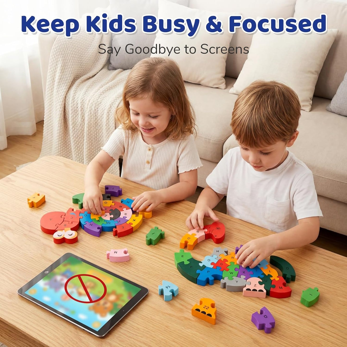 LovesTown Wooden Puzzles for Kids, Double Sided Snail & Dinosaur Jigsaw Set with Alphabet & Numbers, Montessori Educational Toy for Toddlers, Chunky Animal Gift