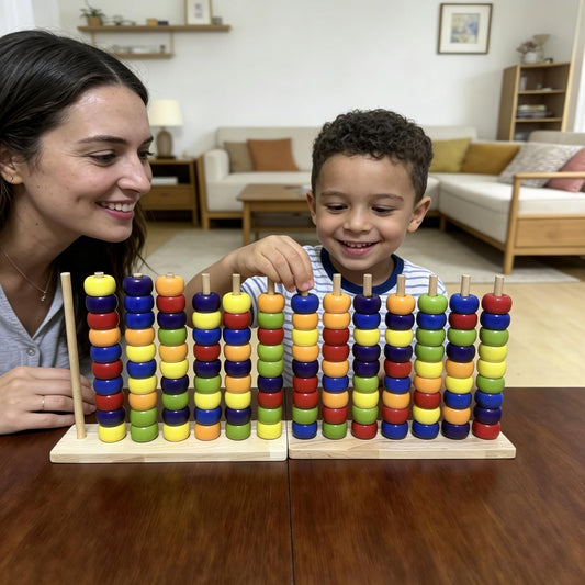 2-Pack Color Matching Stacking Puzzle Game - Color Stack Challenge Competitive Brain Teaser Tabletop Game, Family Game Set with Wooden Rack & Beads