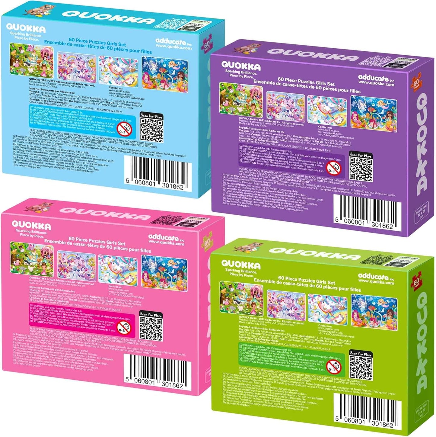 QUOKKA Puzzles for Kids Ages 4-6 - Set of 4x60 Jigsaw Puzzles for Toddlers 3-5 - Unicorn Princess Animals Toys for Children 6-8 yo - Gift Educational Game for Boys & Girls
