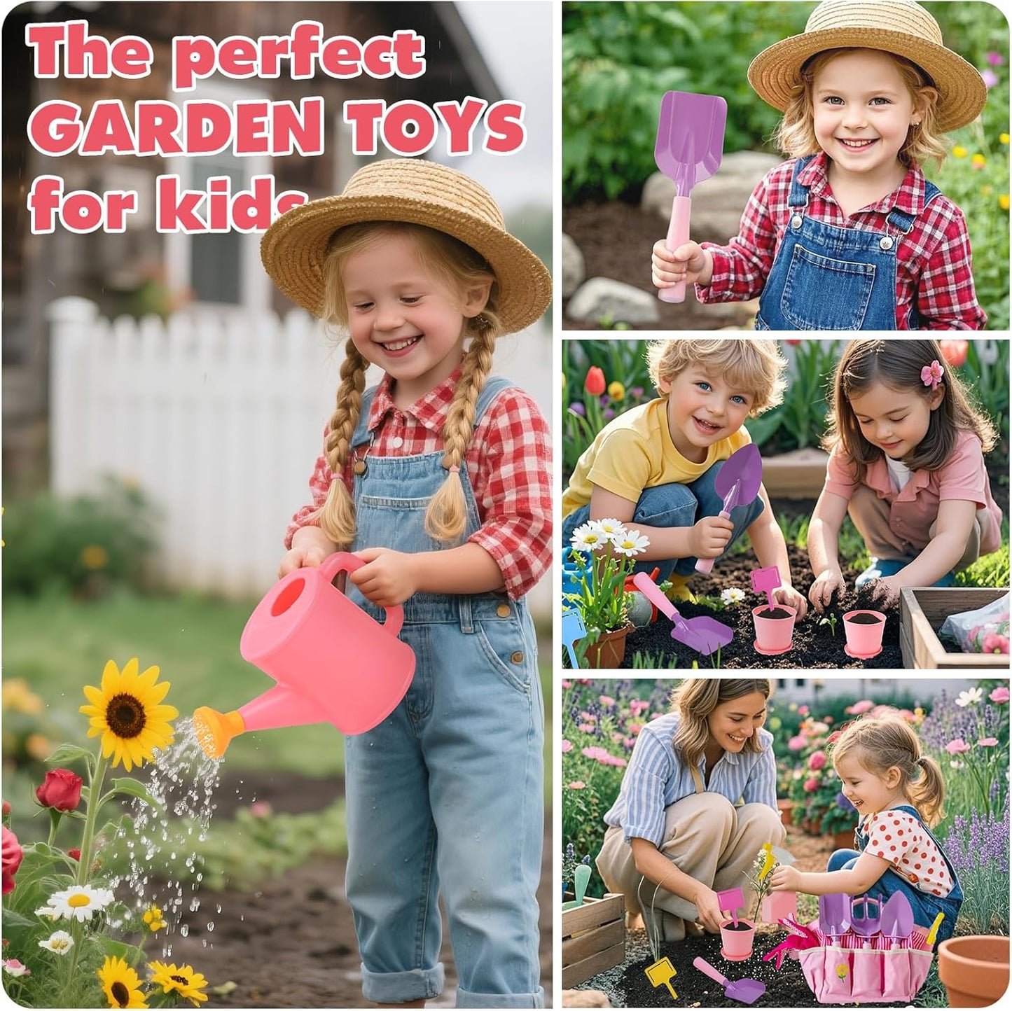 JOI MEW Kids Gardening Tools Set, Garden Toys w/Wooden Handle Alloy Rake,Fork,Trowel, Watering Can,Gloves,Tote Bag,Plant pots, DIY Bookmark Kits, Spring Summer Toy Outdoor Gift for Toddler Boy Girl
