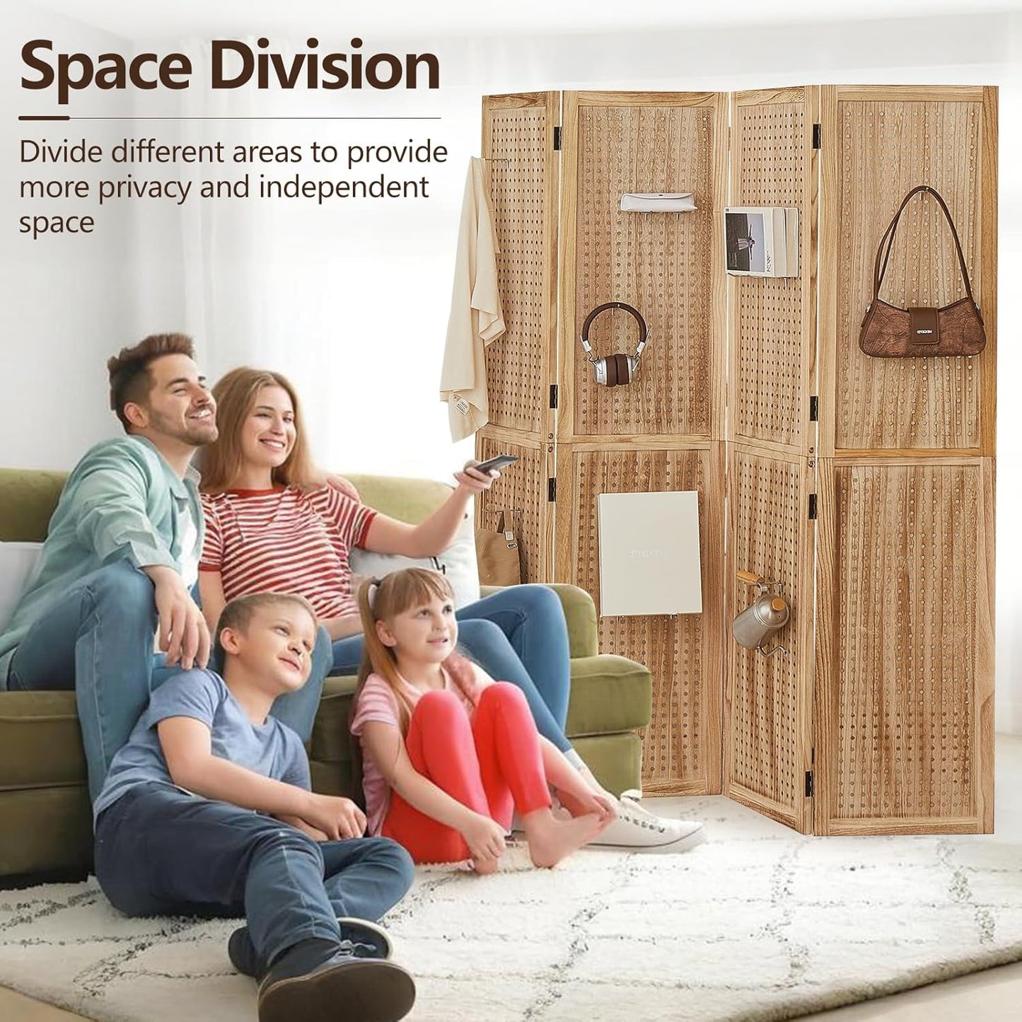 4 Panel Wooden Room Dividers, 5.6FT High Plug-in Folding Screen Made of Natural Wood, Pegboard Display for Bedroom and Shopping Malls and Jewelry Stores, Dark Brown