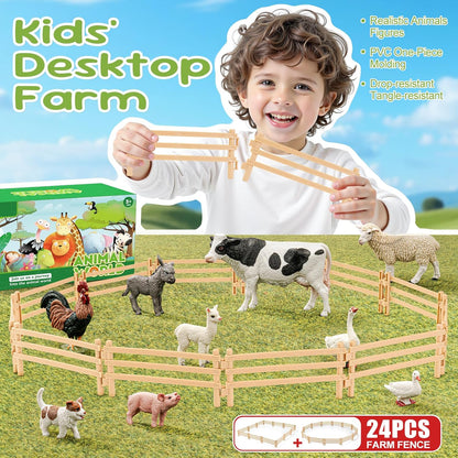 24PCS Farm Ranch Animal Fence Corral Toys for Kids Age 3-5 5-7 4-8 Years Olds Boys Girls, Educational Farm Animal Cake Toppers for Toddlers 3 4 5 6 7 8 9 10