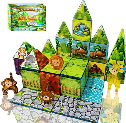 LATI Magnetic Tiles Dinosaur Building Set, Dino World Magnet Blocks with Double-Sided Egg Hatch Story, STEM Construction Toy for Kids Ages 3+, Educational Gift for Boys & Girls