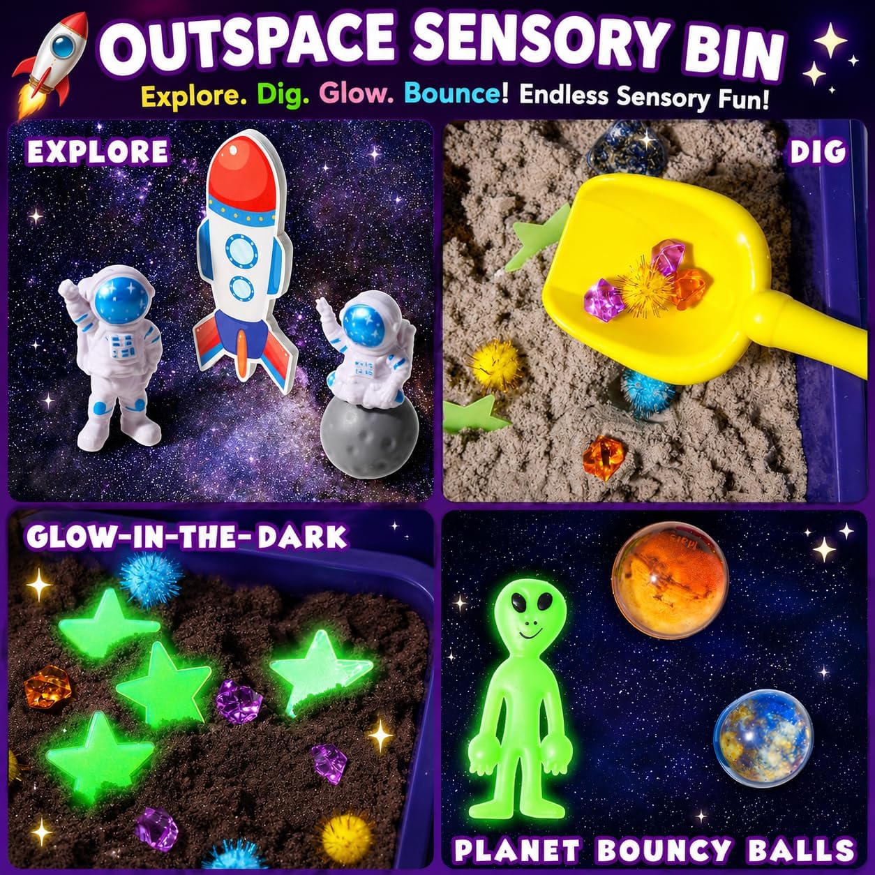 Galaxy Sensory bin, Gemstone Dig Kit,Galaxy Excavation Gem Kit with 5 Real Gemstones for Kids,Space Planet Toys STEM Science Kits,Alien Sandbox Play Set for Girls Boys 3 4 5 6 Years Old