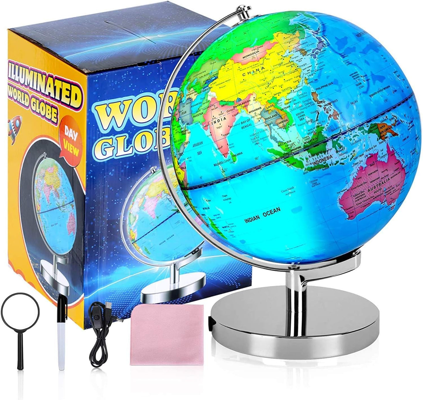 POOCCI 6 in1 Illuminated Large World Globe for Kids & Adults All Ages High Clear Map 12inch, Illuminates Educational Interactive STEM Toy, Light Up Kids Globe Lamp,Gifts For Boys And Girls