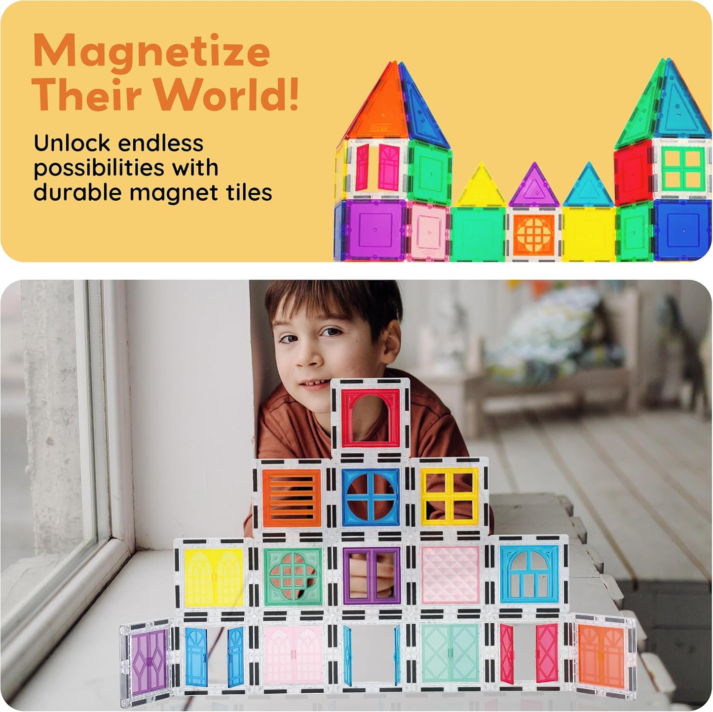 PicassoTiles Window and Door Clip On Magnetic Blocks Magnet Tiles Magnets Building Tile Construction Toy Set STEM Education Toys Learning Kit Stacking Block Playset Boys & Girls Age 3+ PT30