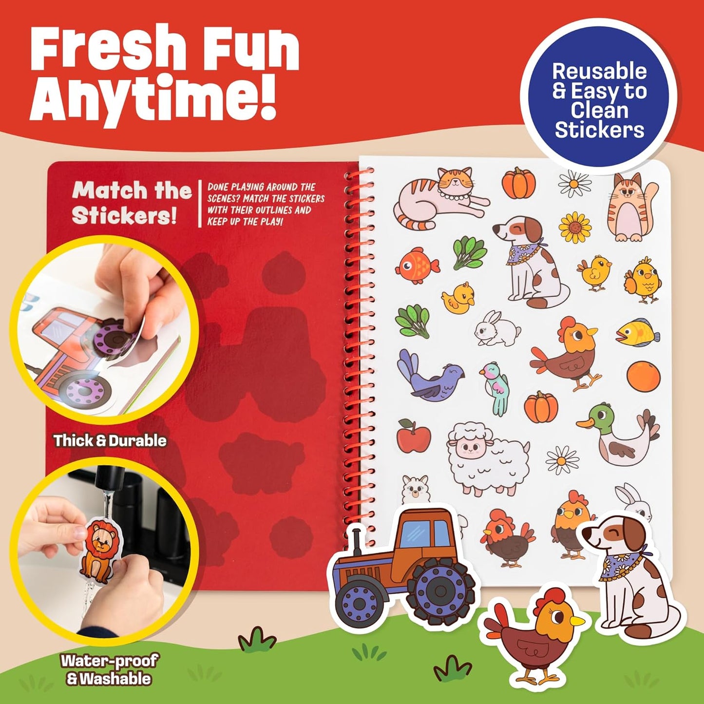 Reusable Jelly Sticker Book - Farm, 7 Scenes - 50 Thick Washable Stickers for Toddlers & Kids: Animals Stickers for Kids, Gift for Ages 3-5 Years Old - Toddler Travel Toys 2-4, Road Trip Activities