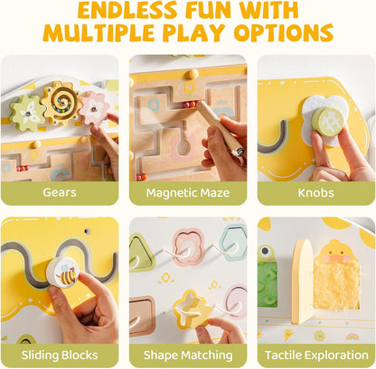 ROBUD Activity Wall Busy Board, Spring Train Montessori Busy Board, 12-in-1 Wooden Sensory Wall Panel, Montessori Sensory Wall Panel for Boys & Girls, Ideal for Toddler Playroom Nursery Classroom