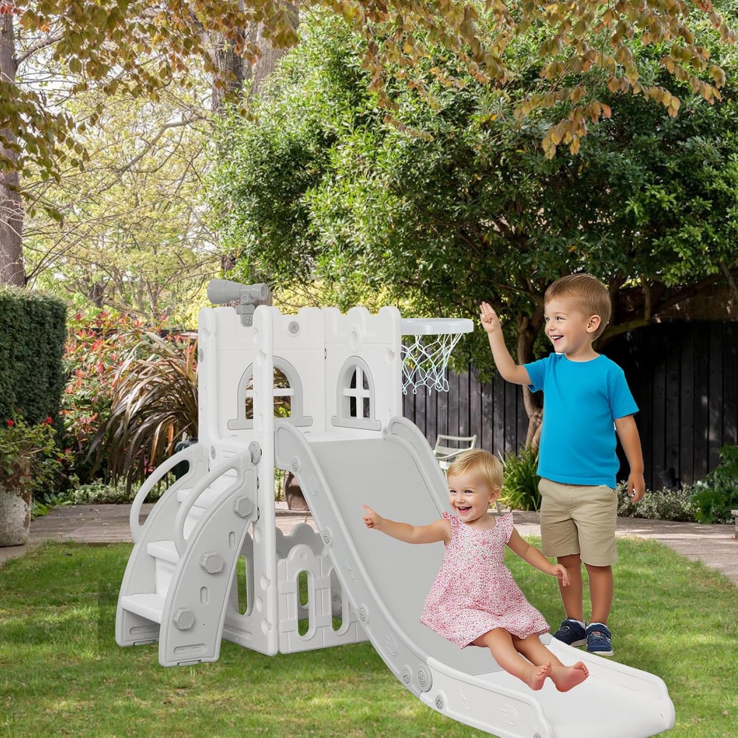 LulliSpace 6 in 1 Toddler Slide,Kids Climber Slider for Indoor Outdoor Playground with Basketball Hoop,Storage and Telescope,L Shaped Slide for Toddler Climber Playset