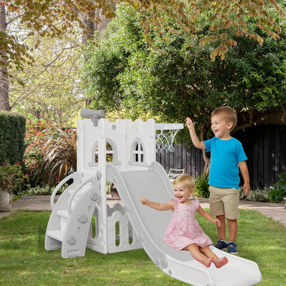 LulliSpace 6 in 1 Toddler Slide,Kids Climber Slider for Indoor Outdoor Playground with Basketball Hoop,Storage and Telescope,L Shaped Slide for Toddler Climber Playset