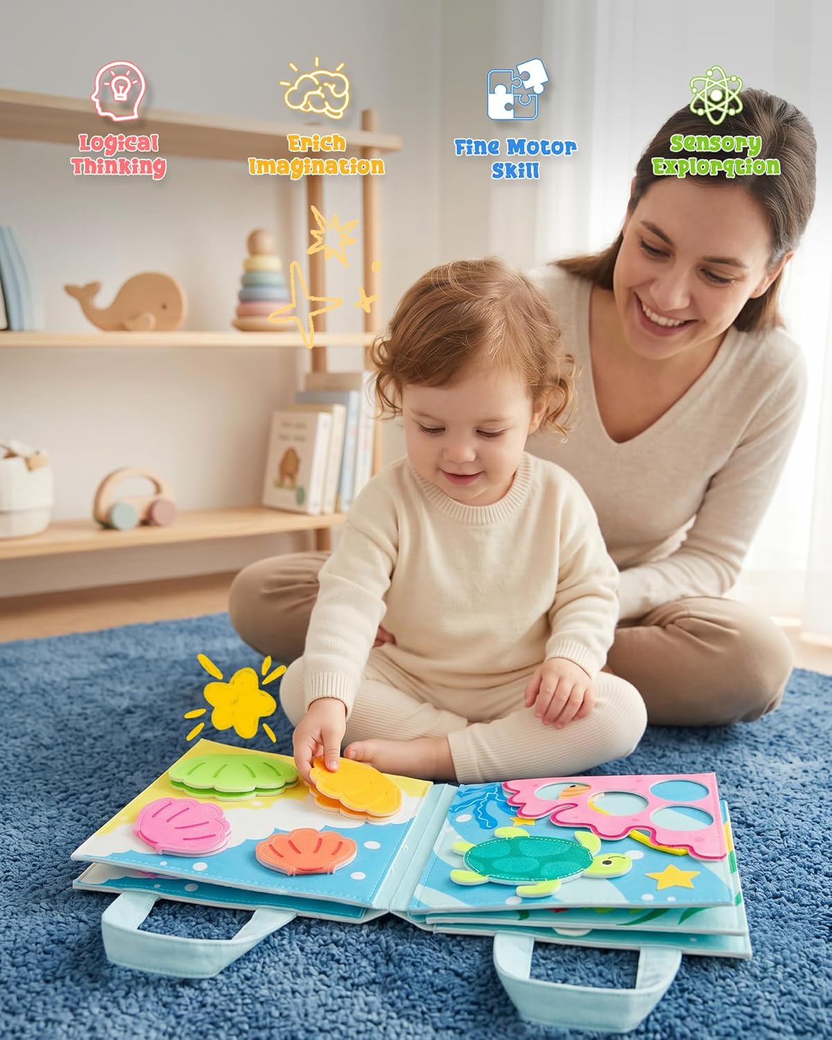 Montessori Busy Book for Toddlers, 8-Page Sensory Activity Book for Fine Motor Skills & Basic Dress Learning, Portable Travel Toy for Preschool Kids, Birthday Gift for Boys and Girls (Blue)