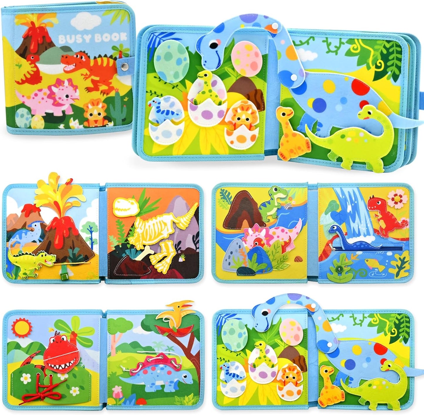 Meafeng Dinosaur Educational Book for Toddlers 1-3, Montessori Quiet Toy & Busy Board for Kids, Travel Toys with Life Skills & Educational Games for Boys and Girls