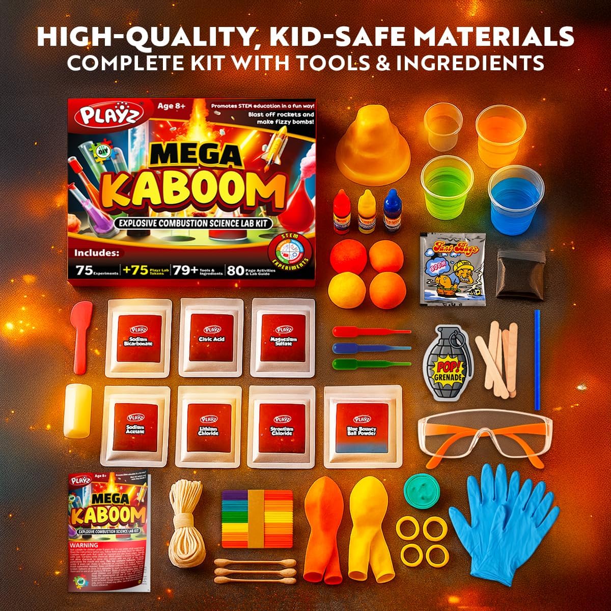 Playz Kaboom! 50+ Explosive Science Experiments Kit for Kids Age 8-12 with 25 Playz Lab Token Experiments - Chemistry Set STEM Learning & Educational Toys & Gifts for Boys, Girls, Teenagers & Kids