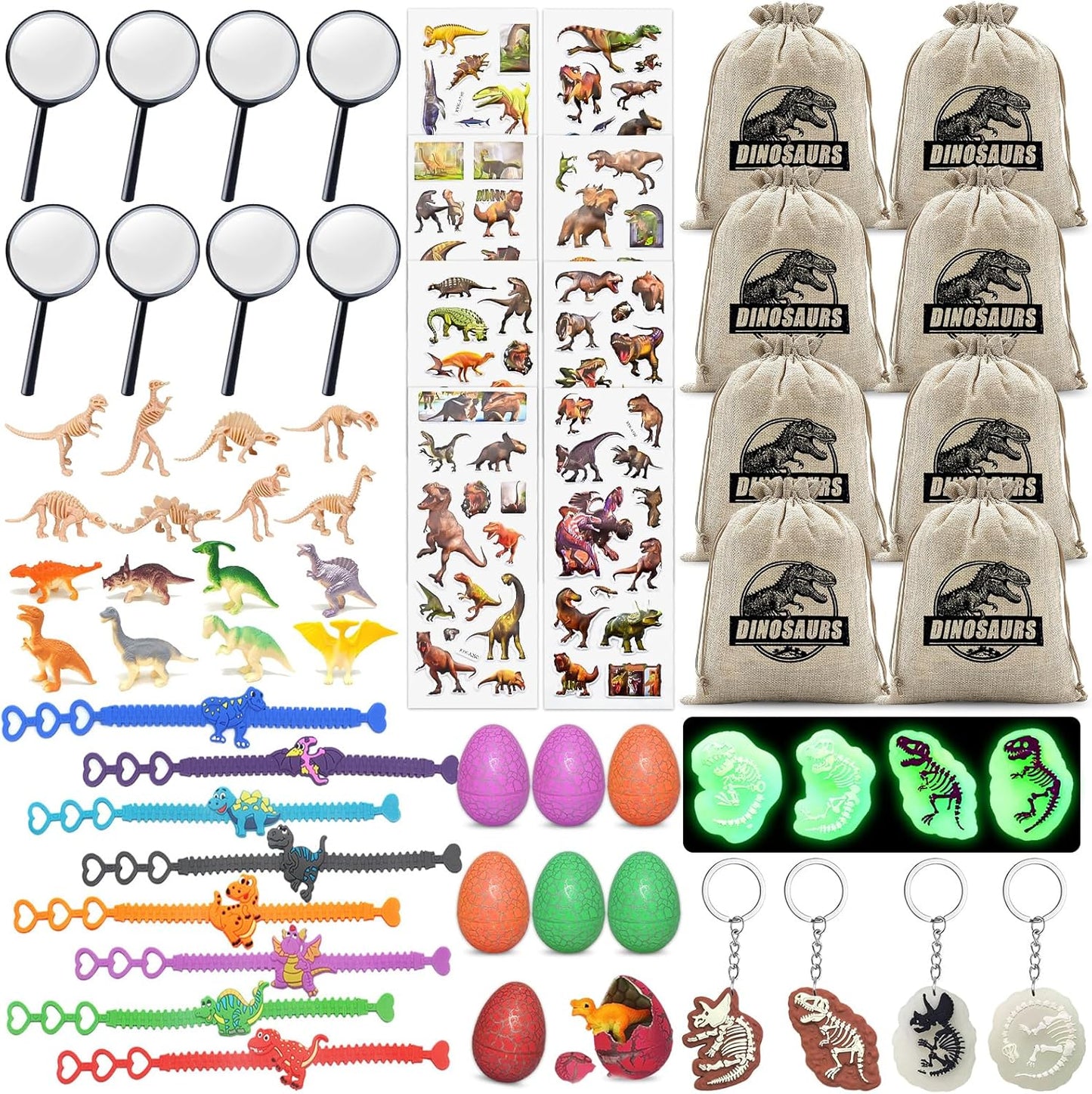 Dinosaur Party Favors for Kids,Dino Birthday Toys with Hatchable Eggs,Glow-in-the-Dark Keychains, Skeleton Models,3D Stickers & Magnifying Glass – Dinosaur Themed Party Toys for Boys & Girls