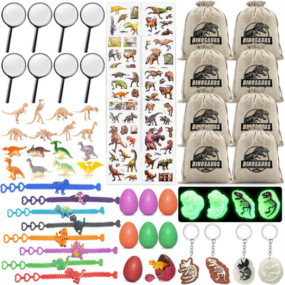 Dinosaur Party Favors for Kids,Dino Birthday Toys with Hatchable Eggs,Glow-in-the-Dark Keychains, Skeleton Models,3D Stickers & Magnifying Glass – Dinosaur Themed Party Toys for Boys & Girls