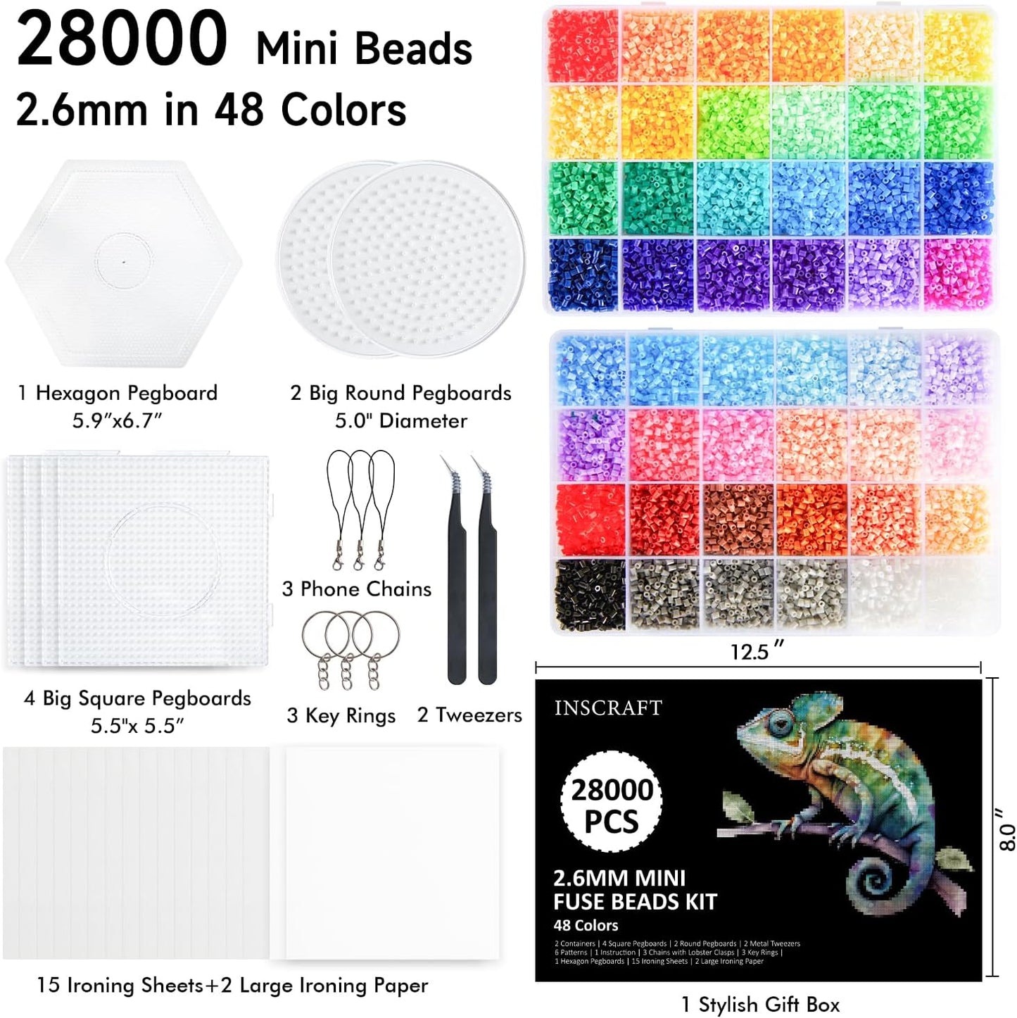 INSCRAFT 28,000 Mini Fuse Beads, 2.6mm 48 Colors Melty Beads with 7 Pegboards 15 Ironing Sheets 2 Tweezers 2 Ironing Papers & 6 Chain Accessories