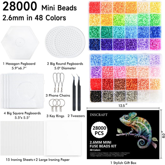 INSCRAFT 28,000 Mini Fuse Beads, 2.6mm 48 Colors Melty Beads with 7 Pegboards 15 Ironing Sheets 2 Tweezers 2 Ironing Papers & 6 Chain Accessories