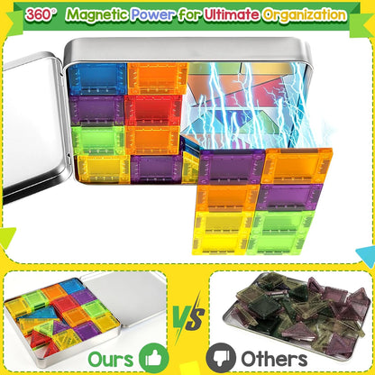 Enjoyjoy Mini Magnetic Tiles - 50PCS Travel Magnetic Tiles Set with Metal Case Portable On-The-Go Magnet Tiles for Kids Magnet Building Blocks Ages 3+ Boys and Girls Christmas Birthday Gift