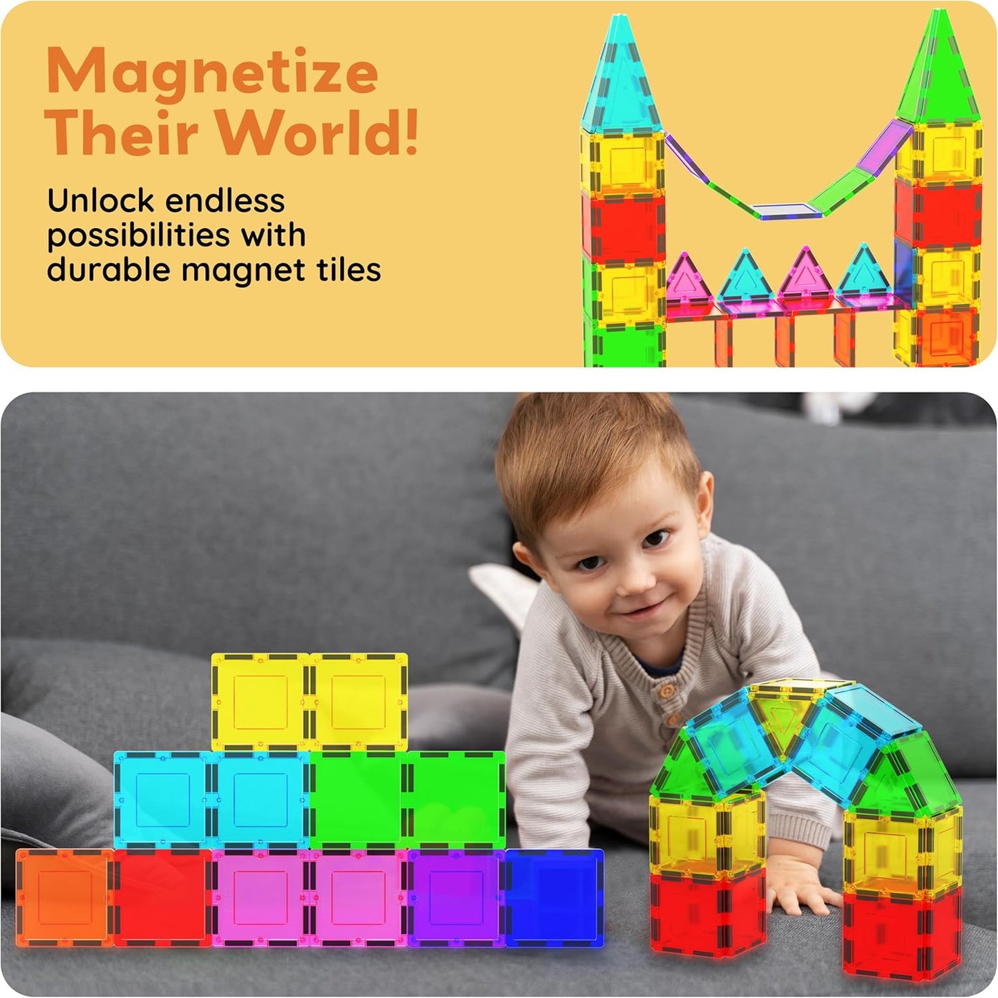PicassoTiles 4pcs Magnetic Building Block Large Square Shape Magnet Tiles Construction Toy STEM Learning Kit Educational Playset Playboard Pretend Play Stacking Blocks Child Brain Development PTE09
