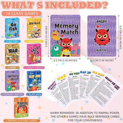 Zubebe 28 Pack Kids Card Games Gifts Bulk Classic Playing Card Game Set for Kids Includes Go Fish, Old Maid, Crazy Eights, Memory Match, Slap Jack, Playing Toy for Party Favors (Classic)