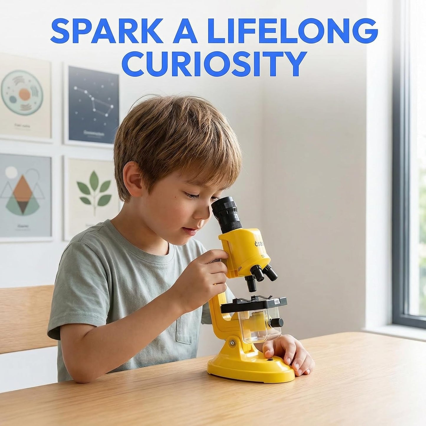 Kids Microscope Kit with LED Light - 100X/400X/1200X Magnification for STEM Learning, 12 Prepared Slides, Easy-to-Use Science Learning Kit (Ages 5-12) - Yellow