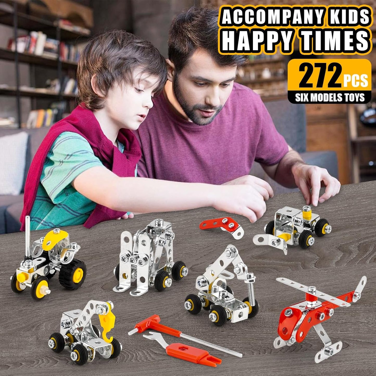 6 Mini Models for Kids Ages 8-12, 272pcs,Engineering Toys with Truck，Forklift，Excavator Car Building Kit and so on, Compatible with Metal Building Model Sets,Assembly Toys Gifts for Boys & Girls