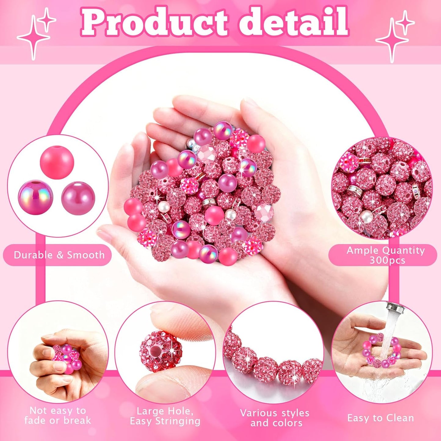 300 Pcs Diamonds Beads for Jewelry Making, Included 10 mm Red Rhinestone Beads for Bracelets, Bubblegum Bead for Pen Making, Pearl and Spacer Bead for Bracelet Necklace Earring Crafting