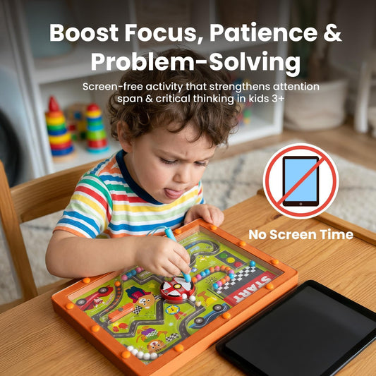 2in1 Magnetic Maze Board for Kids Ages 3+ Montessori Educational Toy with Car Race Maze & Amusement Park Theme Color Sorting, Number Counting, Pen Control, No Screen Time