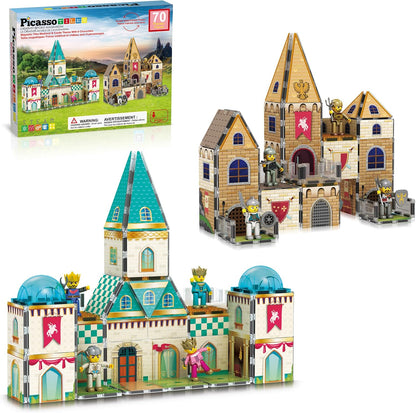 PicassoTiles 60pc Magnetic Tile Princess Castle Building Set with Double Sided Printed Tiles 2 Character Figures STEM Educational Toy Kit for Kids Pretend Play Montessori Learning Ages 3 to 8 PTQ04