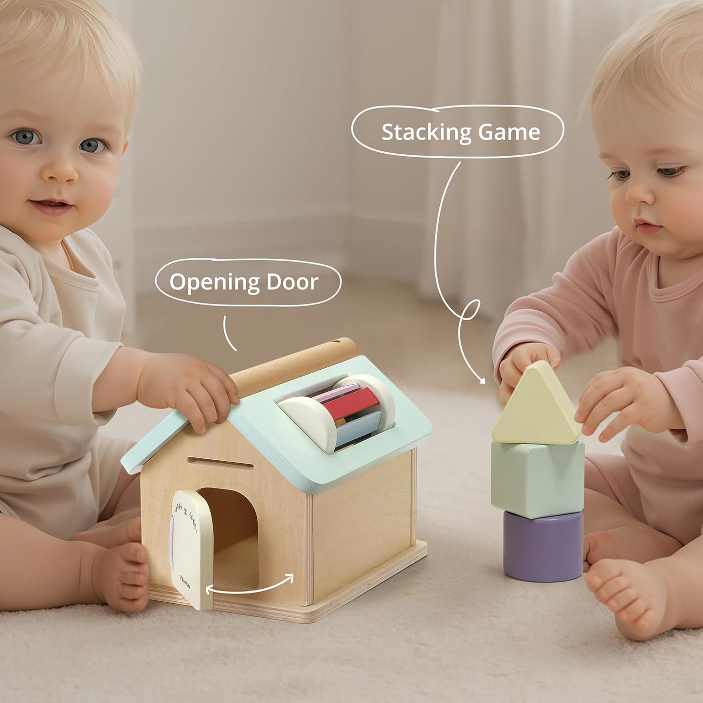 Pillowhale Montessori Wooden Toys Set for Toddlers 12M+ – 4-in-1 Educational Toy with Stacking Rings, Shape Sorter, Bead Maze & Push Car