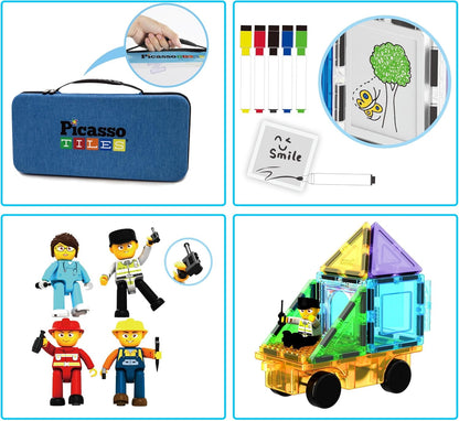 PicassoTiles 101 PCs Magnetic Tiles Building Block with Storage Case Included Bold Colors Travel Carry Case Construction Set for Boys & Girls Great Gift Preschool Kindergarten Montessori Playing Toys