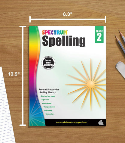 Spectrum Spelling Workbook Grade 2, Ages 7 to 8, 2nd Grade Spelling Workbook, Phonics, Handwriting Practice with Sight Words, Vowels, and Compound Words With English Dictionary - 208 Pages