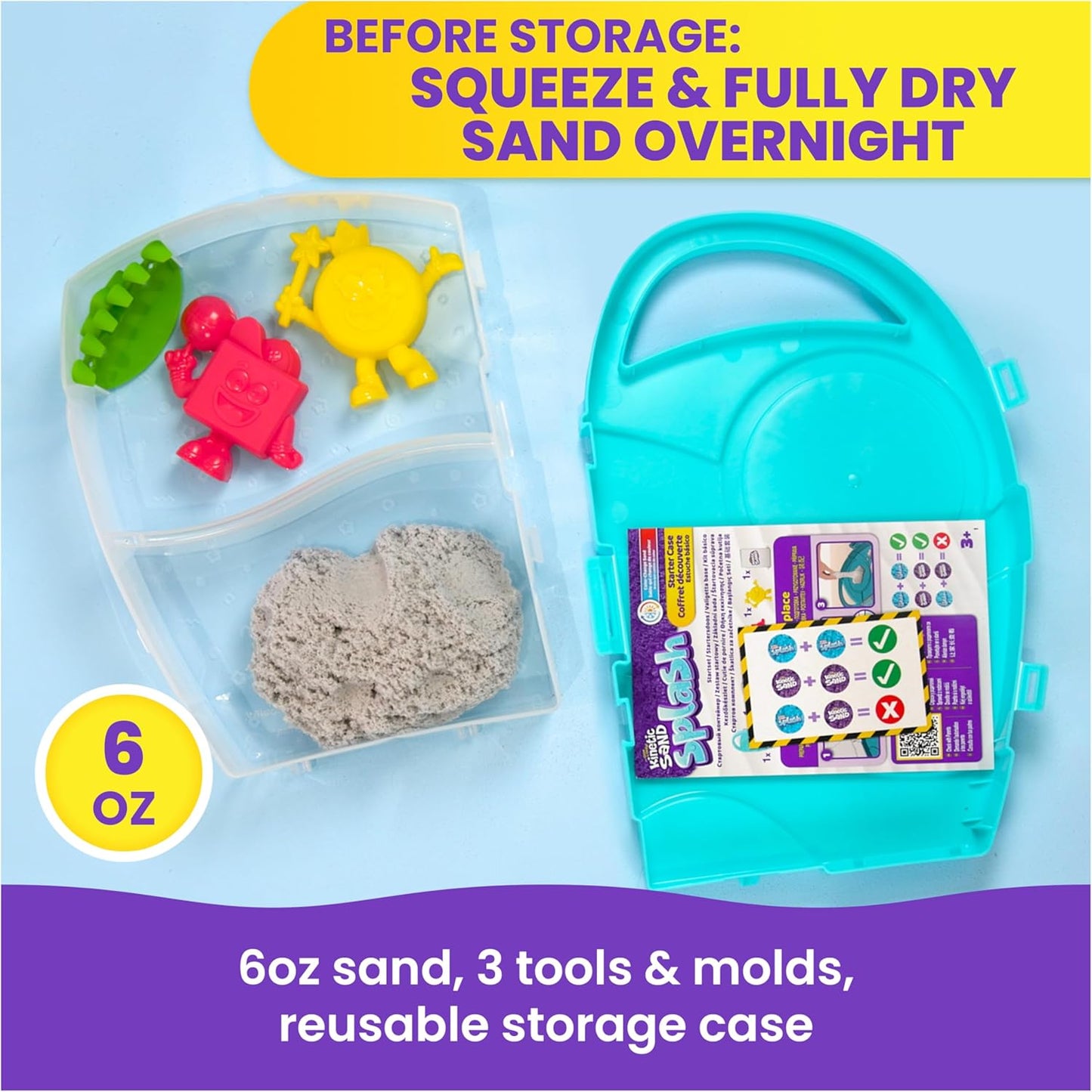 Kinetic Sand, Splash Starter Case with 6oz Color-Change Play Sand, 3 Tools & Molds, Reusable Storage, Sensory Toys, Holiday Gifts & Stocking Stuffers for Kids Ages 3 and up