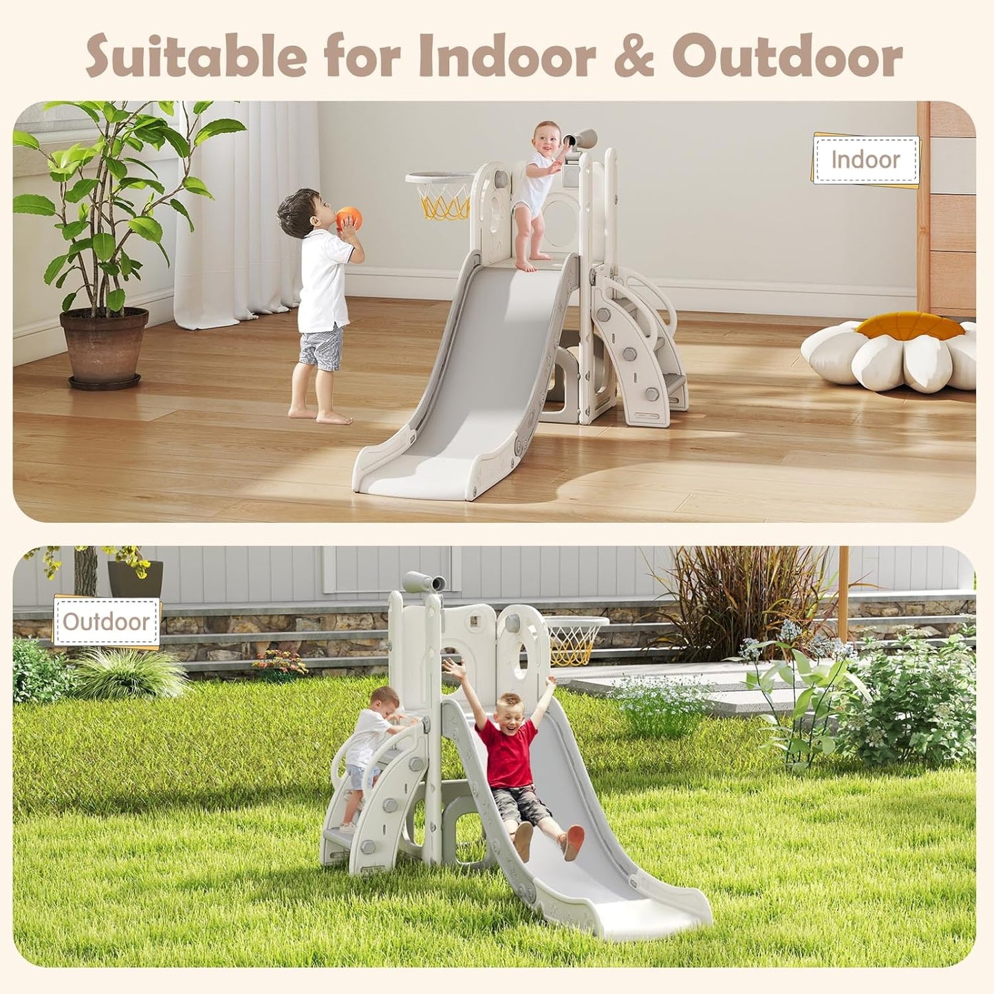 kinbor 6 in 1 Toddler Slide PlaySet - Indoor Outdoor Fun for Kids Ages 1-3, Includes Basketball Hoop, Telescope, Storage & Climber, Safe, Sturdy Baby Slide for Backyard Playground, Blue