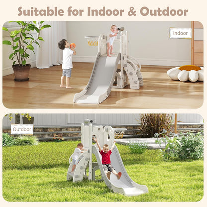 kinbor 6 in 1 Toddler Slide PlaySet - Indoor Outdoor Fun for Kids Ages 1-3, Includes Basketball Hoop, Telescope, Storage & Climber, Safe, Sturdy Baby Slide for Backyard Playground, Blue