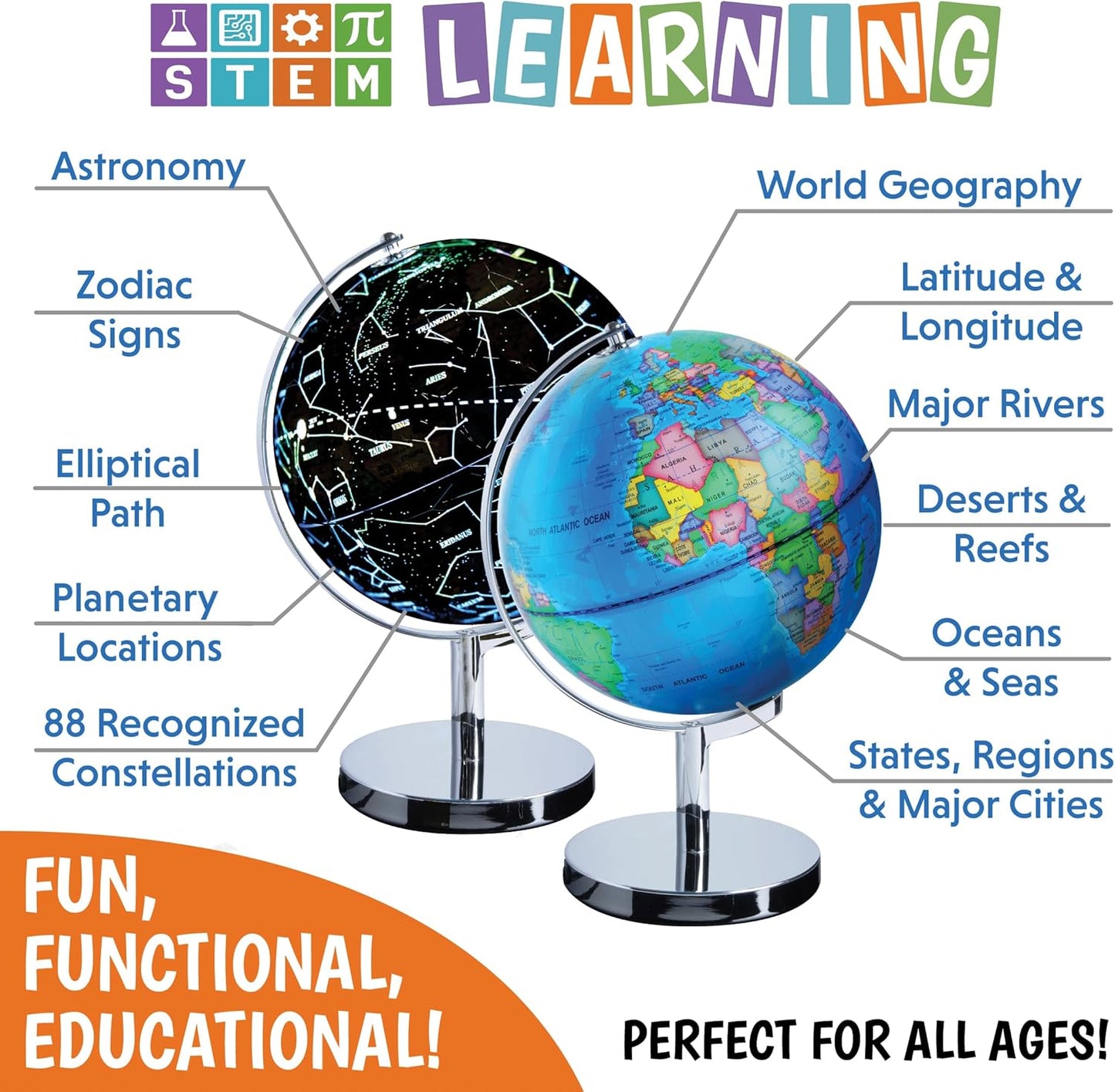 USA Toyz Illuminated Globe for Kids Learning- 3-in-1 STEM Globes of the World with Stand, Constellation Map, Built-in LED Night Light Desk Globe Lamp, Non-Tip Metal Base, 9.75” Tall, 7 Inch Diameter