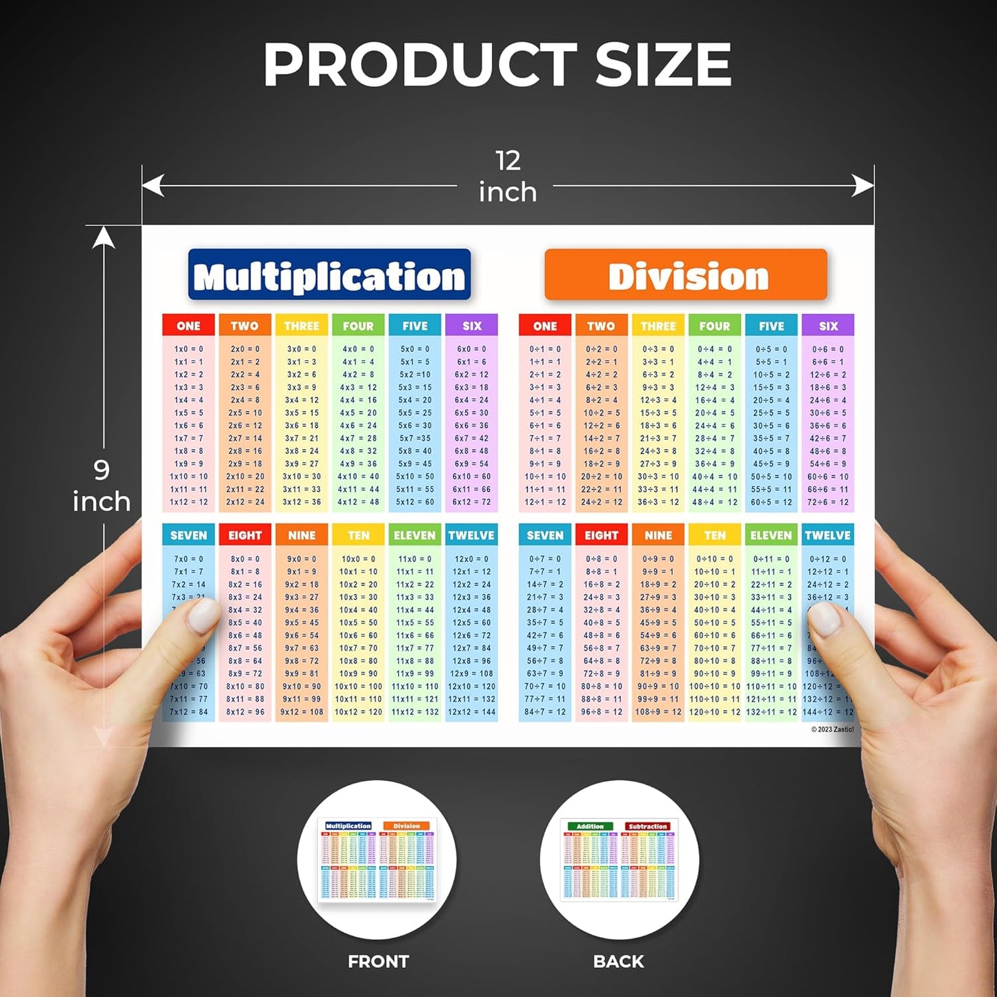 Zastic! 8.5 x 11 in Small Laminated Math Table Charts - Multiplication & Division Poster Chart for Kids