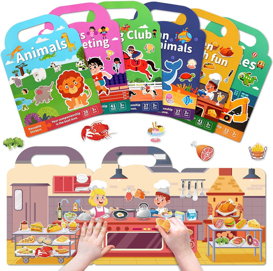 Sticker Books for Toddlers 2-4 Years, Travel Sticker Book with Washable Jelly Stickers, Foldable Carry Handle Quiet Toy, 5 Theme Scenes for Kids 3-5, Dinosaur+Space+Ocean+Fairy Tale+Pizza