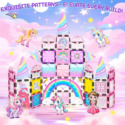 Diamond Magnetic Tiles Unicorns Princess Castle with Magnetic Art Decor Kit, Unicorn Toys for Girl 3 4-6-8, Magnet Tiles for kids 4-8 5 6 7+ Girl Gifts,Magnet Toys Include 5 Dolls,Rainbow,Candy,Decors