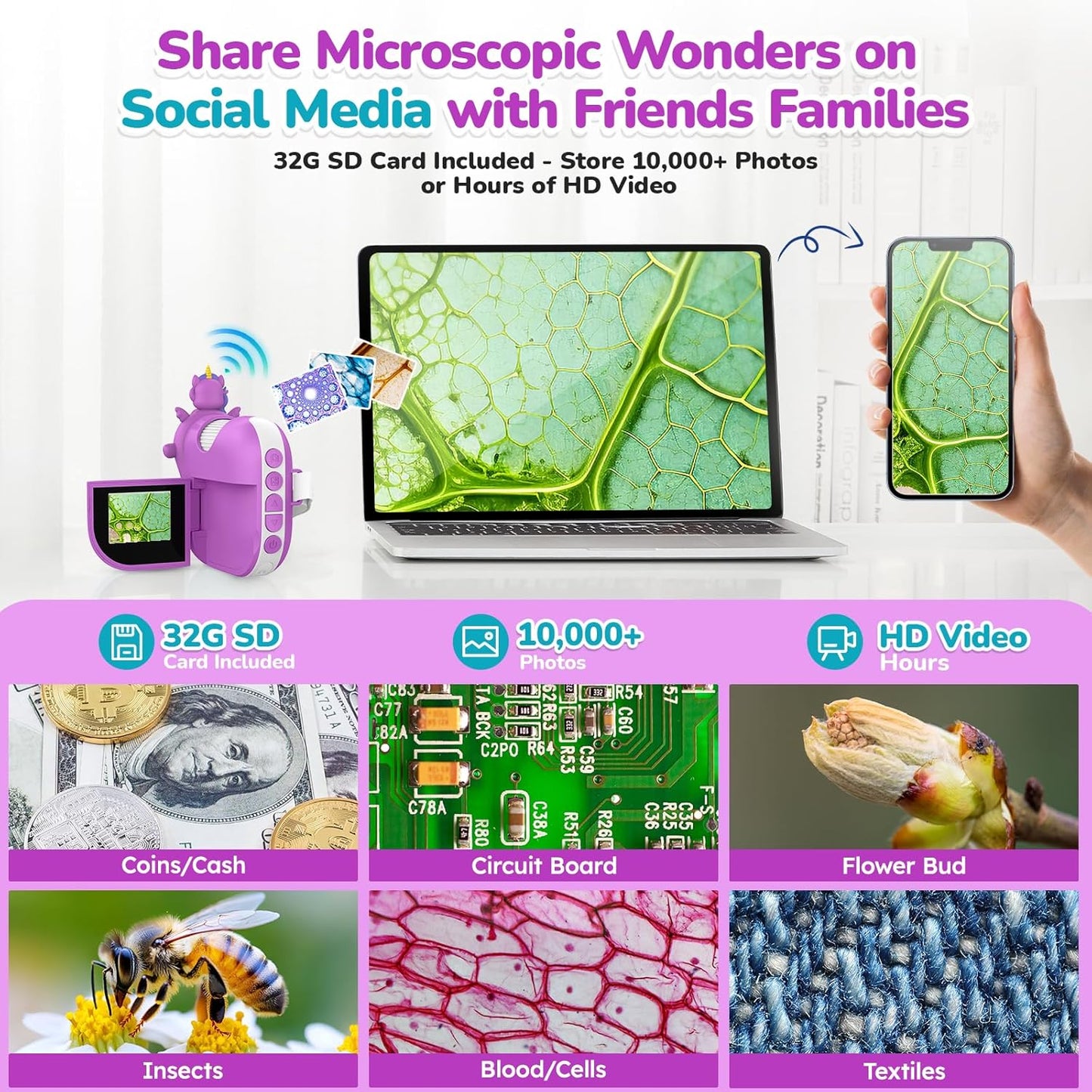 Digital Microscope for Kids Handheld Miniscope - 4K 2.0" Screen Rechargeable 1000X Mini Pocket Portable Magnifying Glass Edu Learning Science Toy Gift with Slides Kit 4-12 Children Students (Violet)