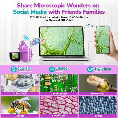 Digital Microscope for Kids Handheld Miniscope - 4K 2.0" Screen Rechargeable 1000X Mini Pocket Portable Magnifying Glass Edu Learning Science Toy Gift with Slides Kit 4-12 Children Students (Violet)